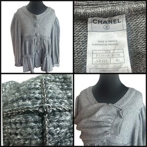 CHANEL Wool Blend Gray Women's Logo Button Snap Front Cardigan Size EU46/US12/L